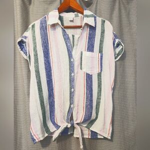 Old Navy Cap Sleeve Linen Button-down (Multicolor Stripe) Blouse Size: Small
